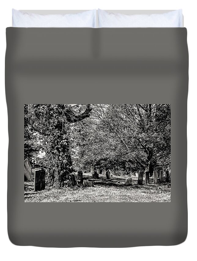 Grave Yard Tombstones Trees B&w Duvet Cover featuring the photograph Grave Yard1 by John Linnemeyer