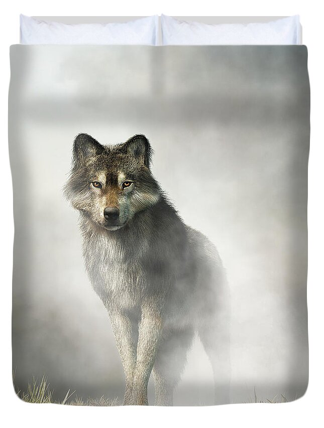 Wolf Duvet Cover featuring the digital art Gray Wolf in Fog by Daniel Eskridge