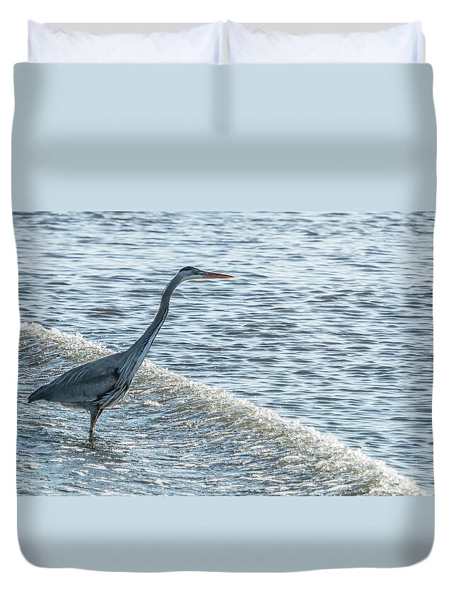 Great Blue Heron Duvet Cover featuring the photograph Great Blue Heron and Wave by Belinda Greb