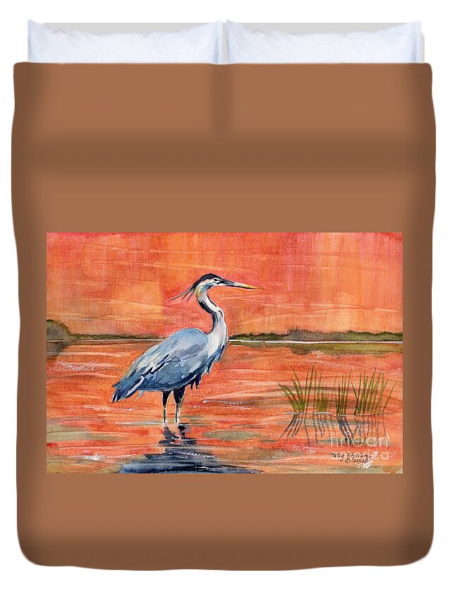 Great Blue Heron Duvet Cover featuring the painting Great Blue Heron in Marsh by Melly Terpening