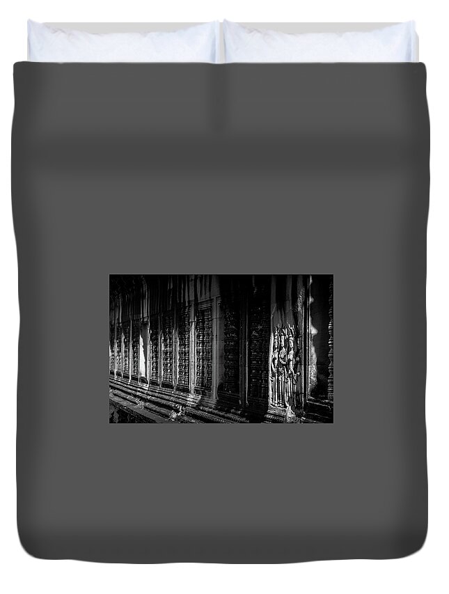 Cambodia Duvet Cover featuring the photograph Great Carved Wall of Angkor by Arj Munoz