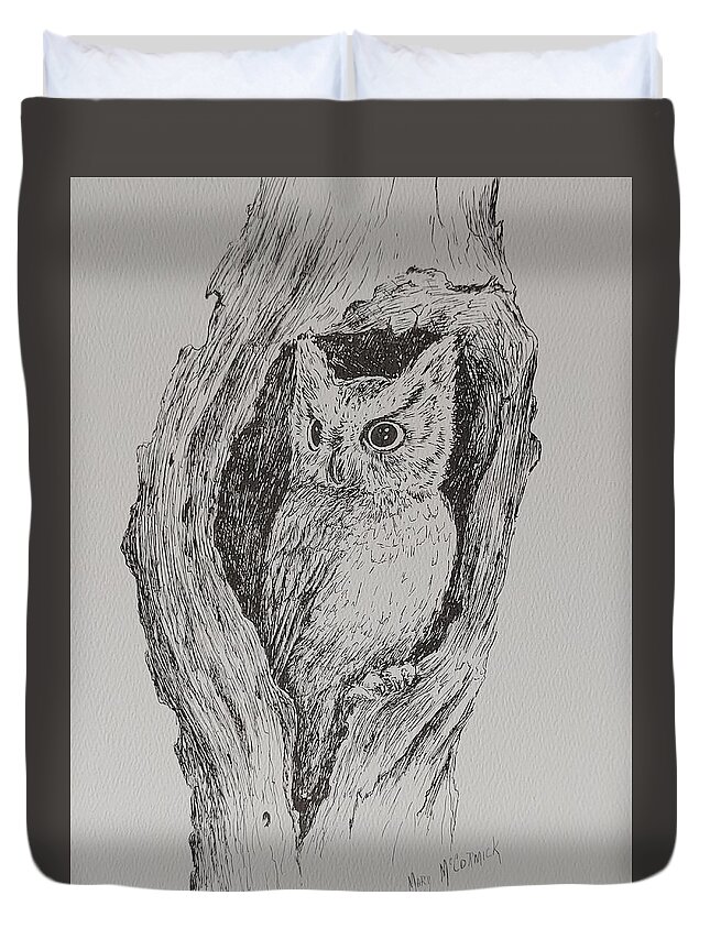 Owl Duvet Cover featuring the drawing Great Horned Owl by ML McCormick