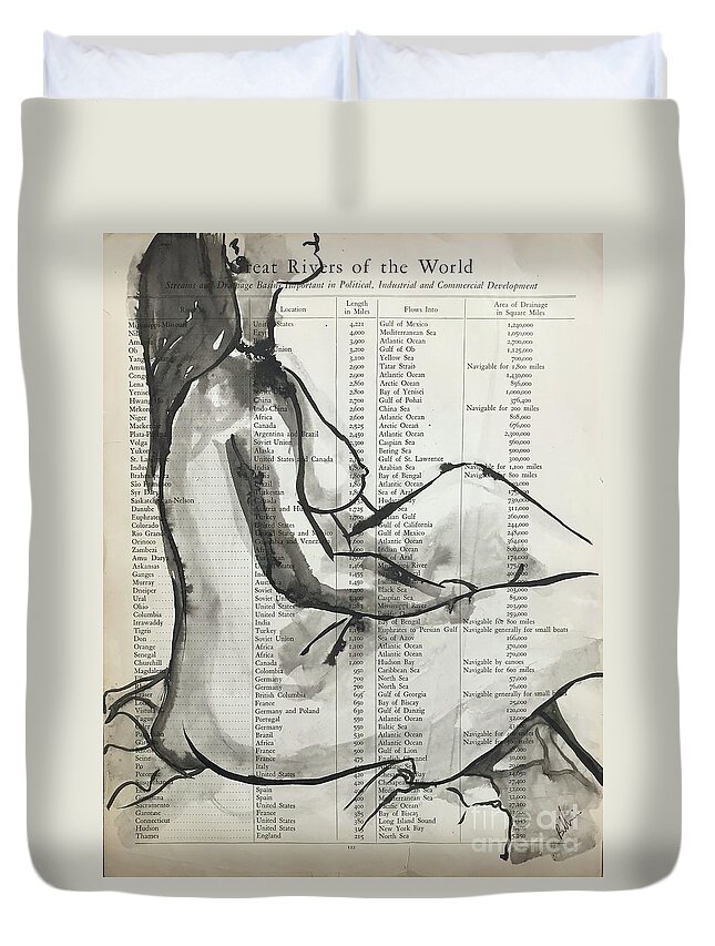 Sumi Ink Duvet Cover featuring the drawing Great Rivers of the World by M Bellavia