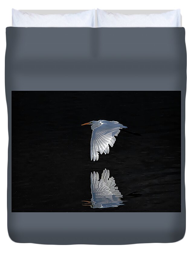 Great White Egret Duvet Cover featuring the photograph Great White Egret in flight by Rick Mosher