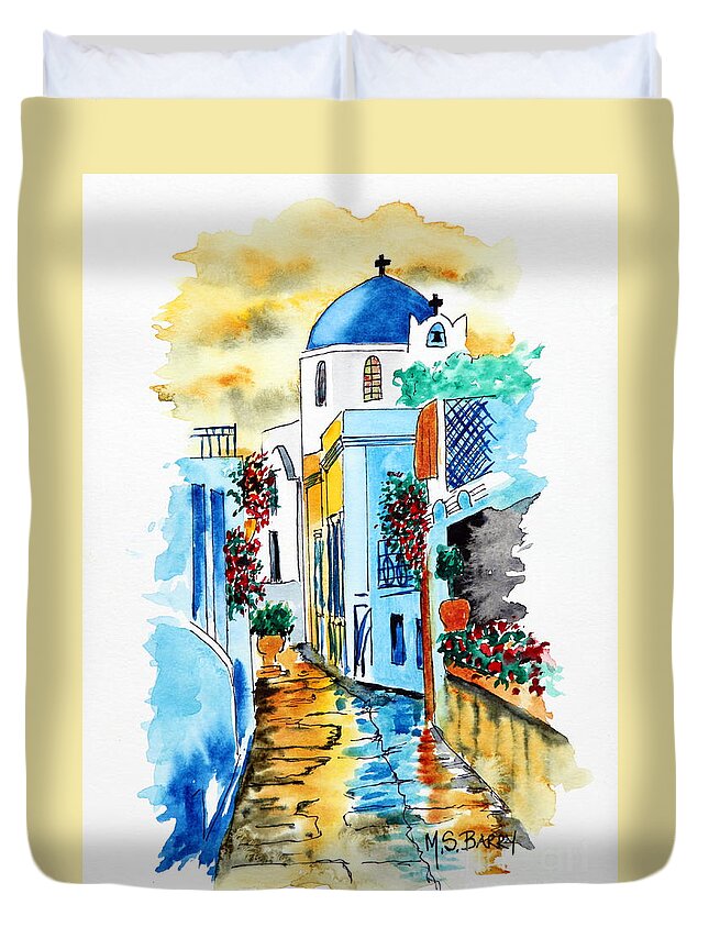  Duvet Cover featuring the painting Greek Street by Maria Barry