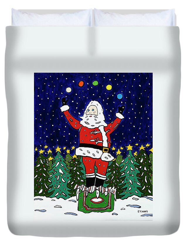 Santa Christmas Green Acres Duvet Cover featuring the painting Green Acres Santa by Mike Stanko