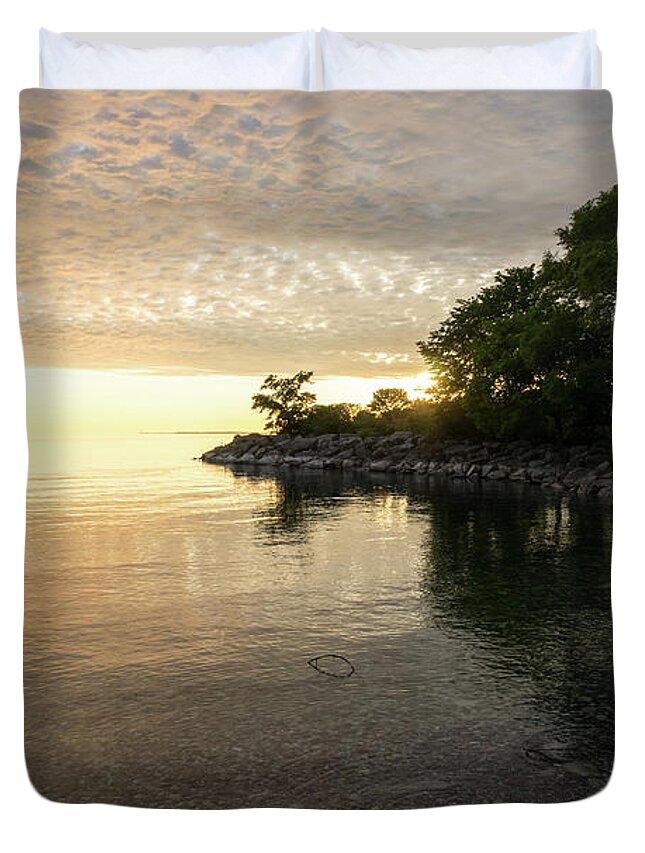 Glossy Daybreak Duvet Cover featuring the photograph Green and Glossy Summer - Sunrise on the Shore of Lake Ontario by Georgia Mizuleva