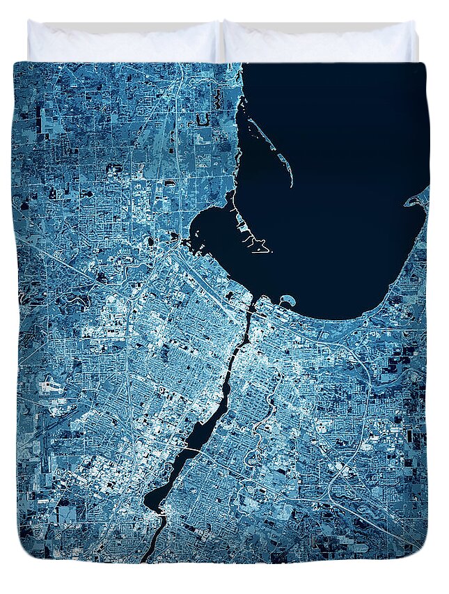 Green Bay Duvet Cover featuring the digital art Green Bay Wisconsin 3D Render Map Blue Top View Oct 2019 by Frank Ramspott