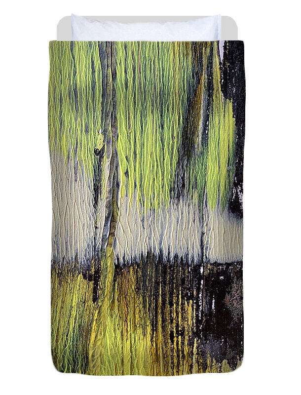 Abstract Duvet Cover featuring the painting Green Black Yellow Gold White Abstract by Lorena Cassady