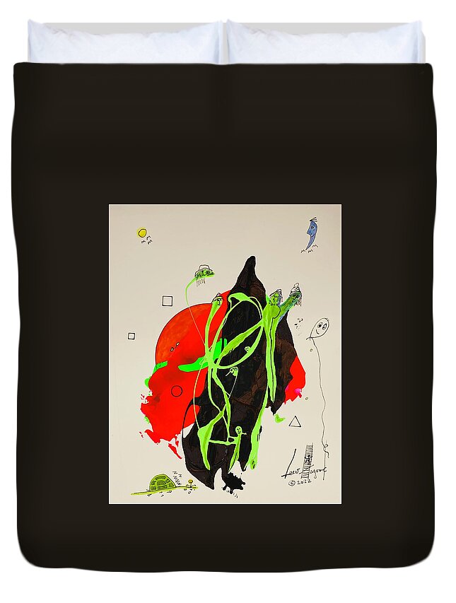  Duvet Cover featuring the mixed media Green Faces on Black and Red 11149 by Lew Hagood
