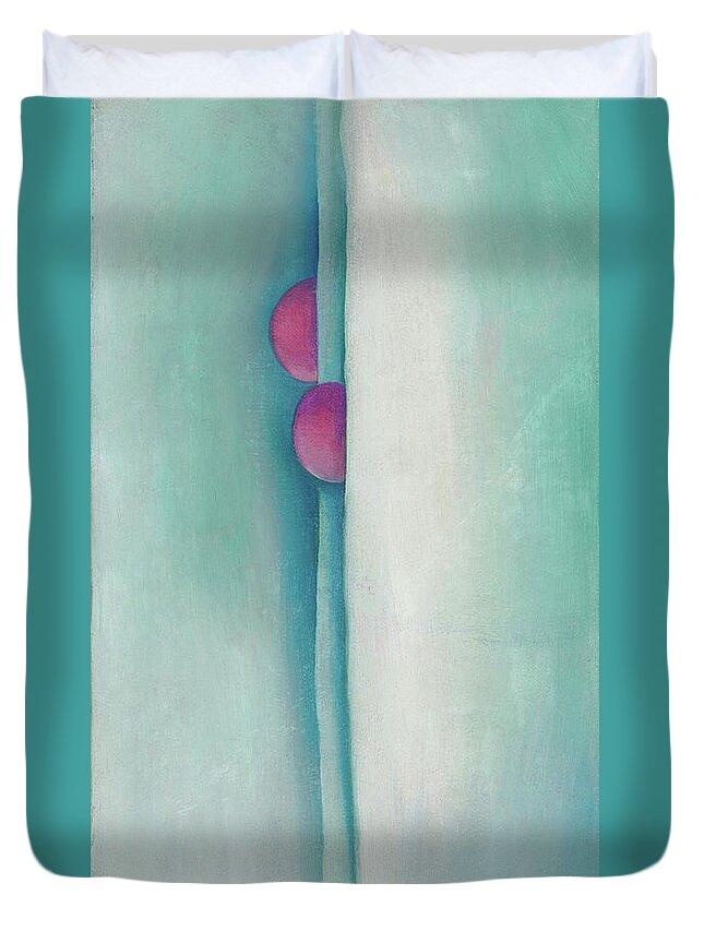 Georgia O'keeffe Duvet Cover featuring the painting Green lines and pink - abstract modernist painting by Georgia O'Keeffe