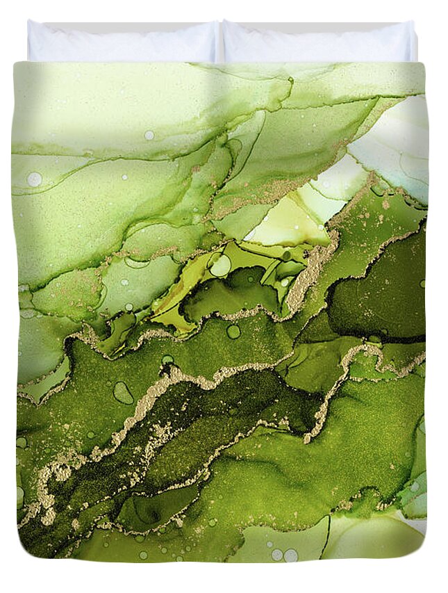 Abstract Ink Duvet Cover featuring the painting Green Olive and Gold Abstract Ink by Olga Shvartsur