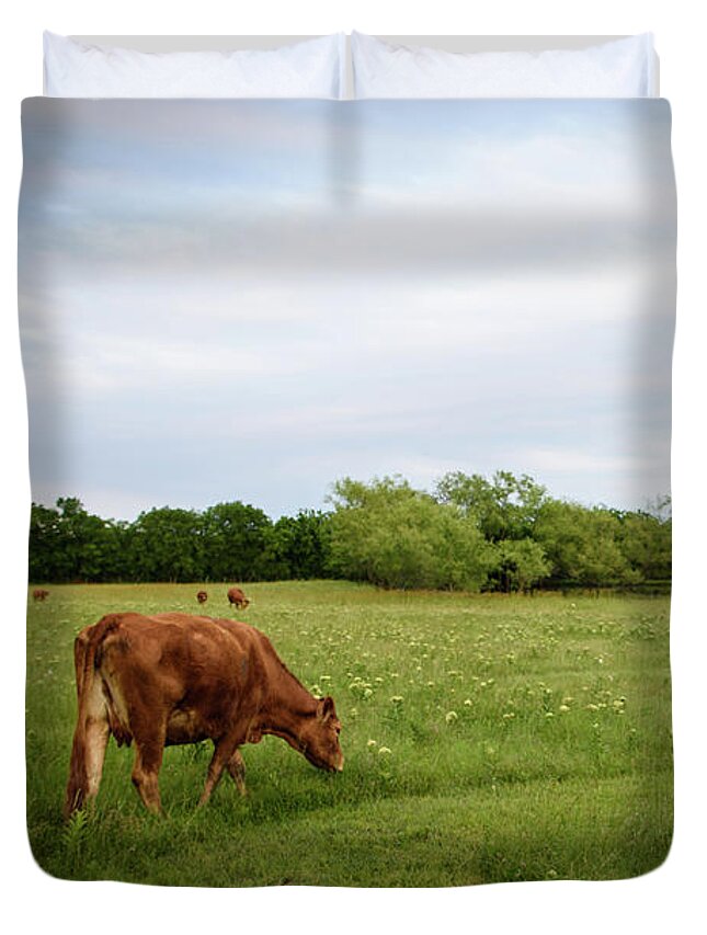 Cow Duvet Cover featuring the photograph Green Pastures by Cheryl McClure