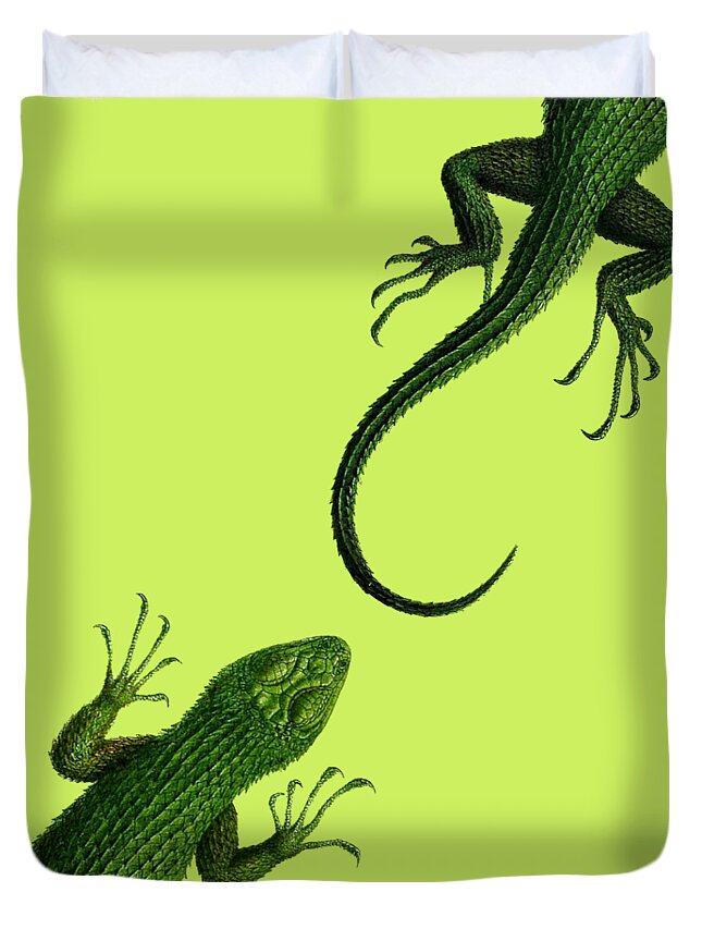 Lizard Duvet Cover featuring the digital art Green reptiles art by Madame Memento
