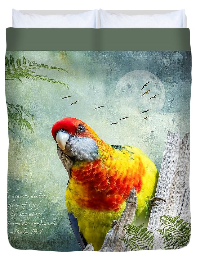 Parrot Duvet Cover featuring the digital art Green Rosella Hybrid, of Tasmania by Cindy Collier Harris