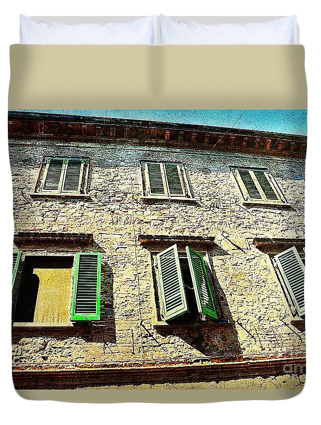 Green Duvet Cover featuring the photograph Green Windows in Tuscany by Ramona Matei
