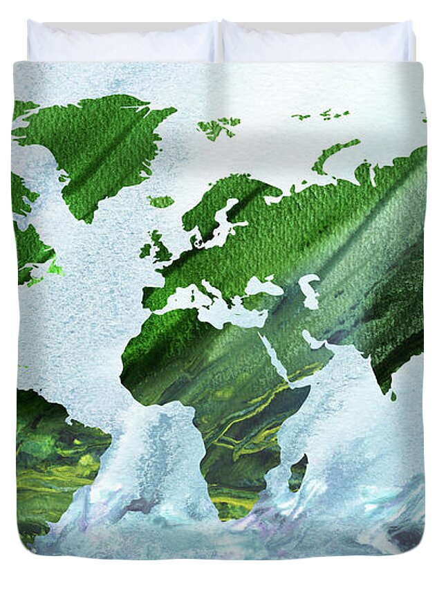 Green Duvet Cover featuring the painting Green World Blue Ocean Watercolor Map by Irina Sztukowski