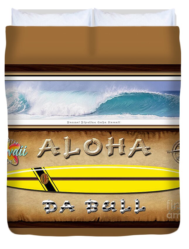 Historic Surfboards Duvet Cover featuring the photograph Greg Noll - A tribute to Big Wave Surfing Pioneers famous Yellow Pipe Gun by Aloha Art