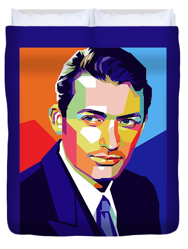 Gregory Peck Duvet Cover featuring the mixed media Gregory Peck illustration by Movie World Posters