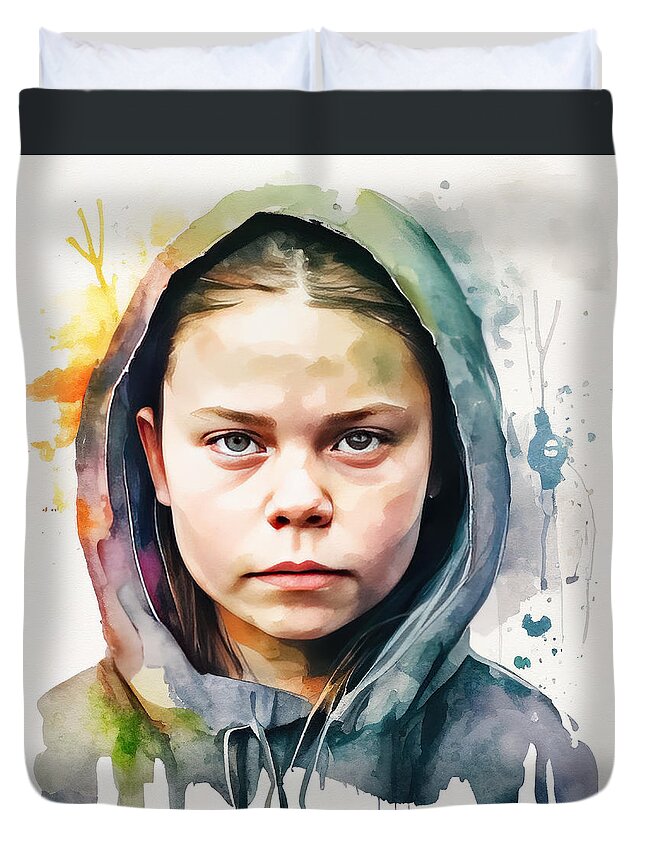 Greta Thunberg Duvet Cover featuring the painting Greta Thunberg by My Head Cinema