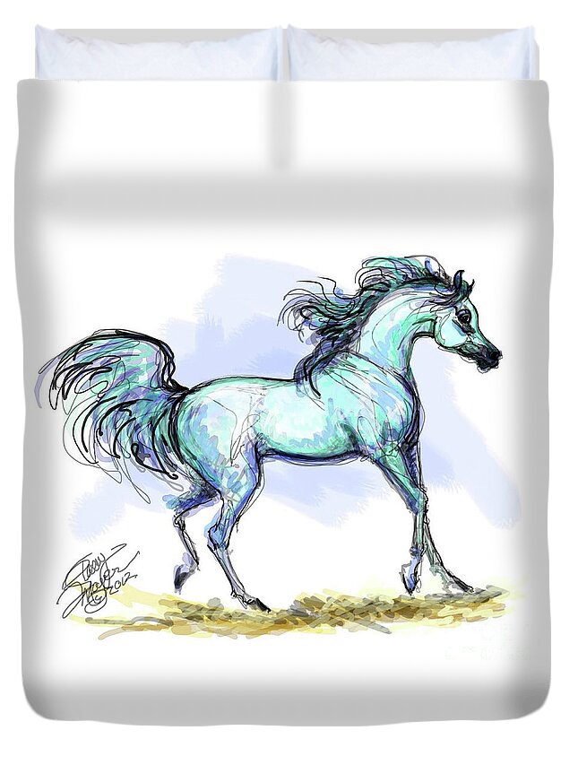 Equestrian Art Duvet Cover featuring the digital art Grey Arabian Stallion Watercolor by Stacey Mayer by Stacey Mayer
