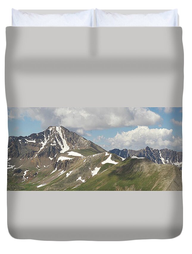Independence Pass Duvet Cover featuring the photograph Grizzly and Anderson Peaks Panorama by Aaron Spong