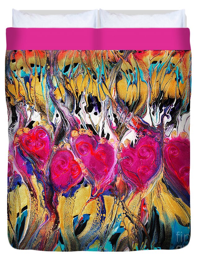 Colorful Stylized Hearts Valentines Red Dynamic Compelling Energetic Love Fun Duvet Cover featuring the painting Growing Love 7665 by Priscilla Batzell Expressionist Art Studio Gallery