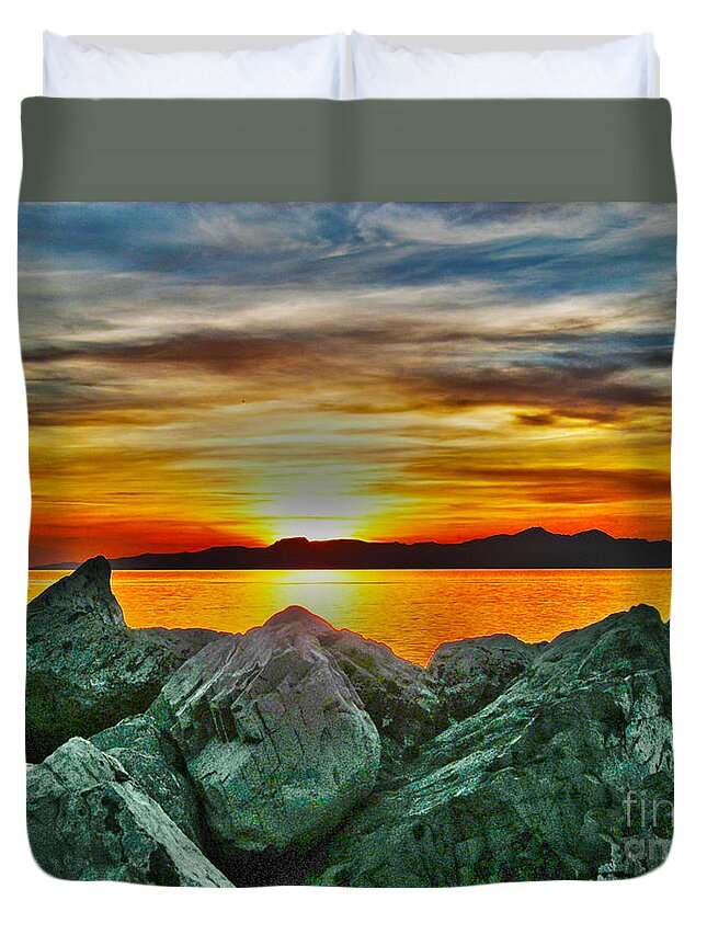 Sunset Duvet Cover featuring the photograph GSL Sunset by Steve Mitchell