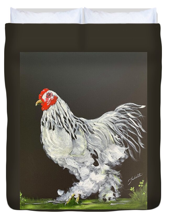 Rooster Duvet Cover featuring the painting Guardian of the Farmyard by Juliette Becker