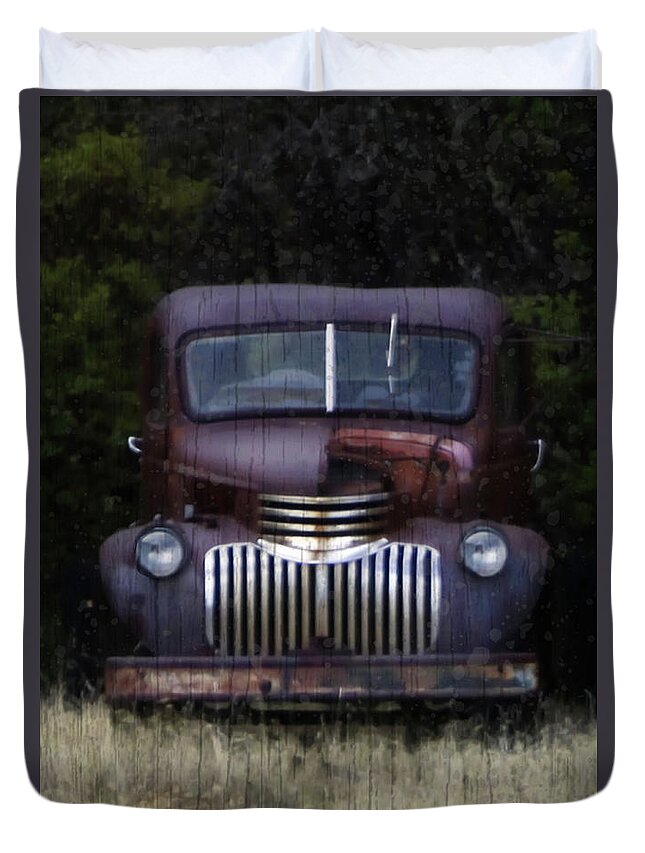 Vintage Truck Duvet Cover featuring the mixed media Guardian of the Field by Kandy Hurley