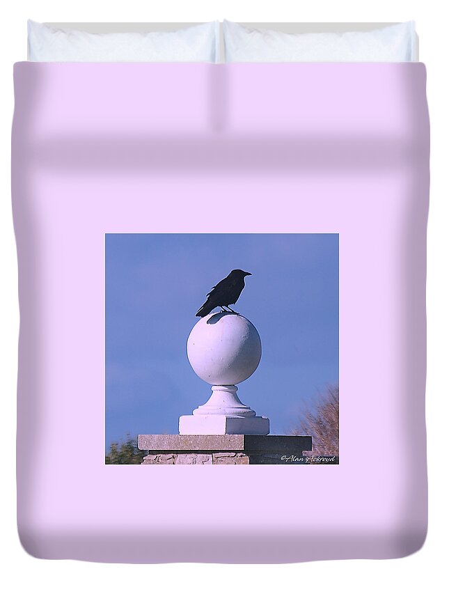 Crow Duvet Cover featuring the pyrography Guardian of the Gatepost by Alan Ackroyd