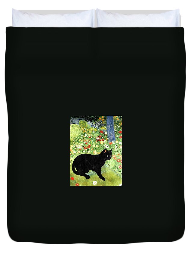 Black Cat Duvet Cover featuring the digital art Guarding the Garden by Ally White