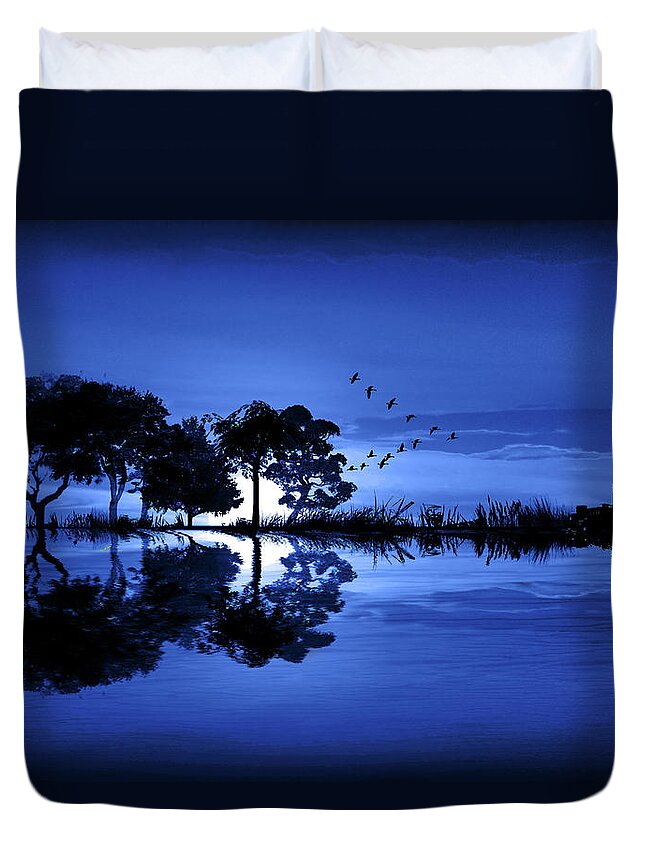 Music Duvet Cover featuring the photograph Guitar Blue Landscape at Moonrise by Randall Nyhof