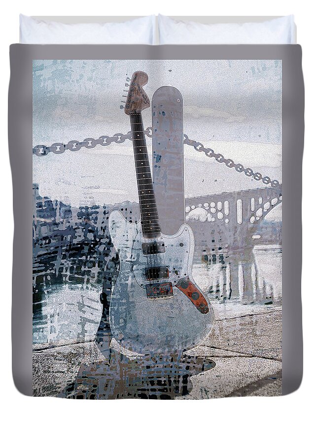 Guitar Duvet Cover featuring the digital art Guitar by the River by Deb Nakano