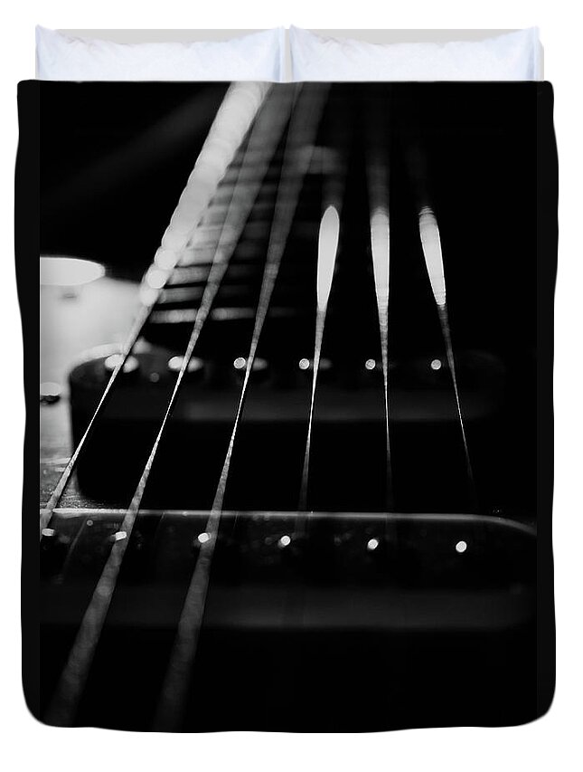 Abstract Duvet Cover featuring the photograph Guitar Cords Low Key Black and White Abstract Still Life Guitar Photograph by PIPA Fine Art - Simply Solid