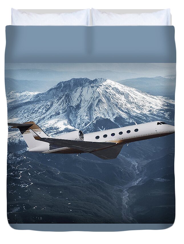 Gulfstream 550 Business Jet Duvet Cover featuring the mixed media Gulfstream 550 and Mt. St. Helens by Erik Simonsen