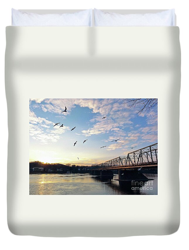 +pixels Duvet Cover featuring the photograph Gulls at the Bridge #2 by Christopher Plummer