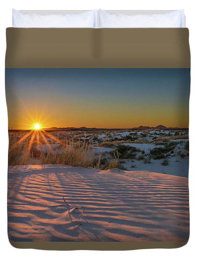 West Texas Duvet Cover featuring the photograph Gypsum Salt Dune Sunset by Erin K Images