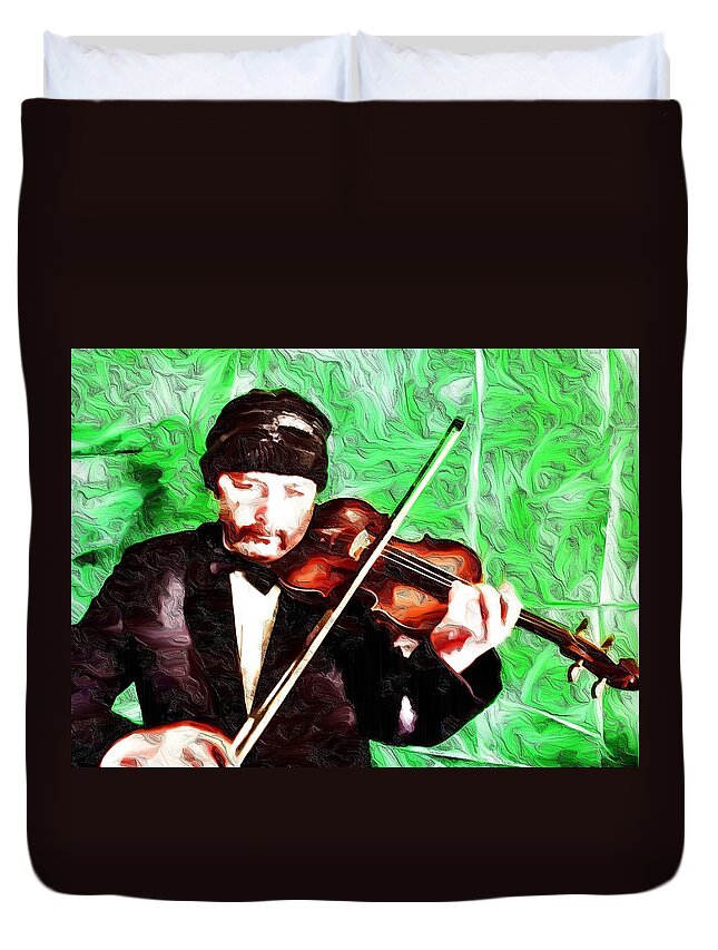 Gypsy Jazz Violinist Duvet Cover featuring the mixed media Gypsy Jazz Violinist by Bencasso Barnesquiat