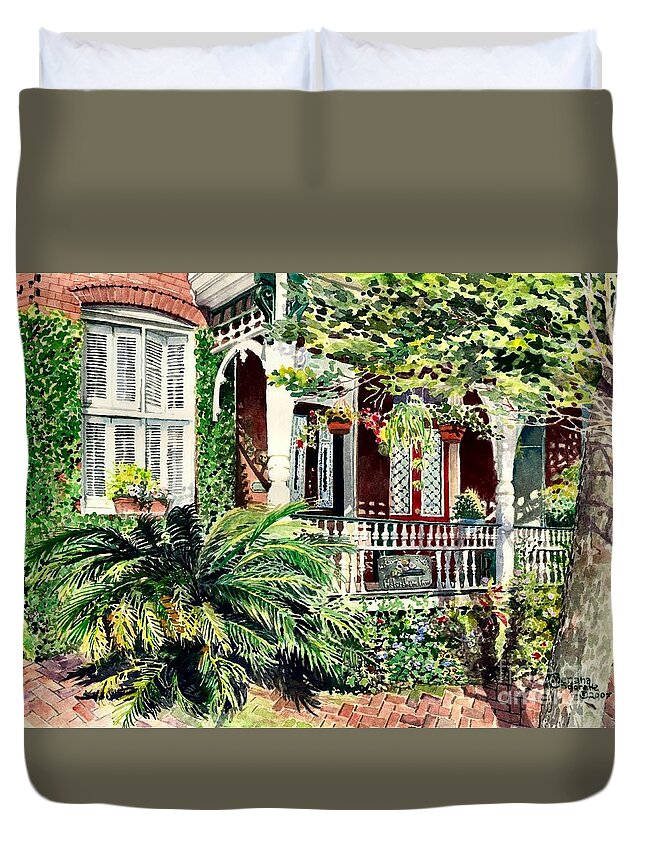 Habersham Duvet Cover featuring the painting Habersham Inn by Merana Cadorette