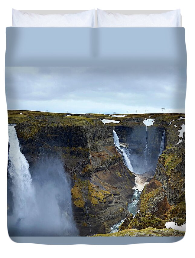 Waterfall Duvet Cover featuring the photograph Haifoss and Granni Waterfalls Iceland by Richard Krebs