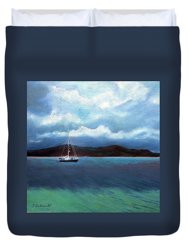 Sail Duvet Cover featuring the painting Haitian Sail, Comier- Plage, Haiti by Shirley Galbrecht