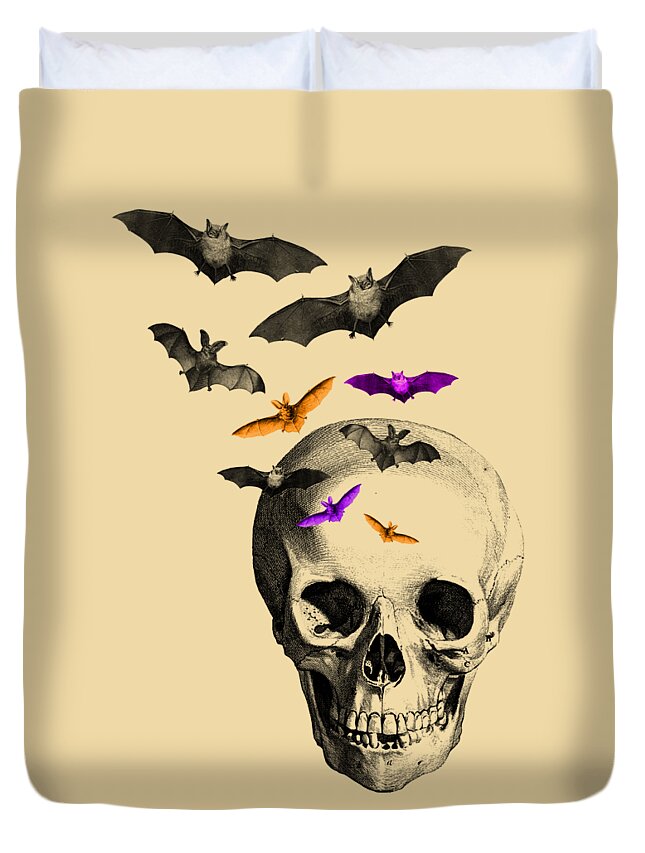 Bat Duvet Cover featuring the digital art Halloween Bats Skull by Madame Memento