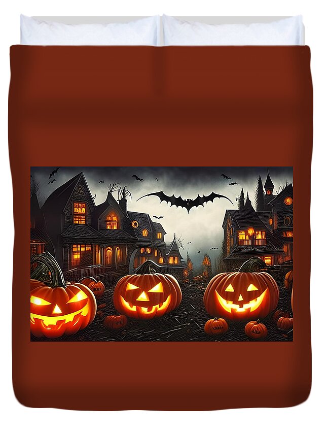 Digital Duvet Cover featuring the digital art Halloween Houses by Beverly Read