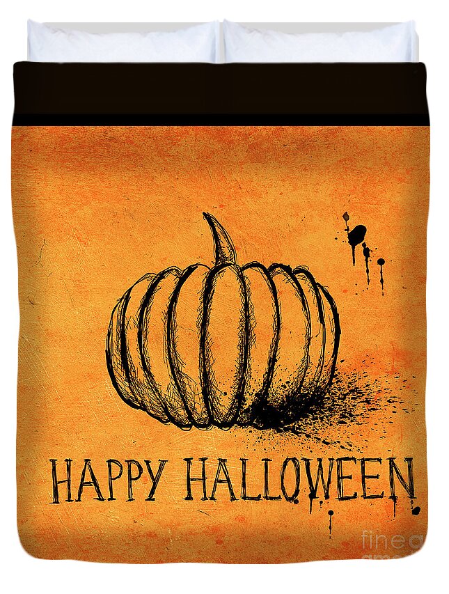 Halloween Duvet Cover featuring the photograph Halloween pumpkin ink stroke sketch on orange textured backgroun by Jelena Jovanovic