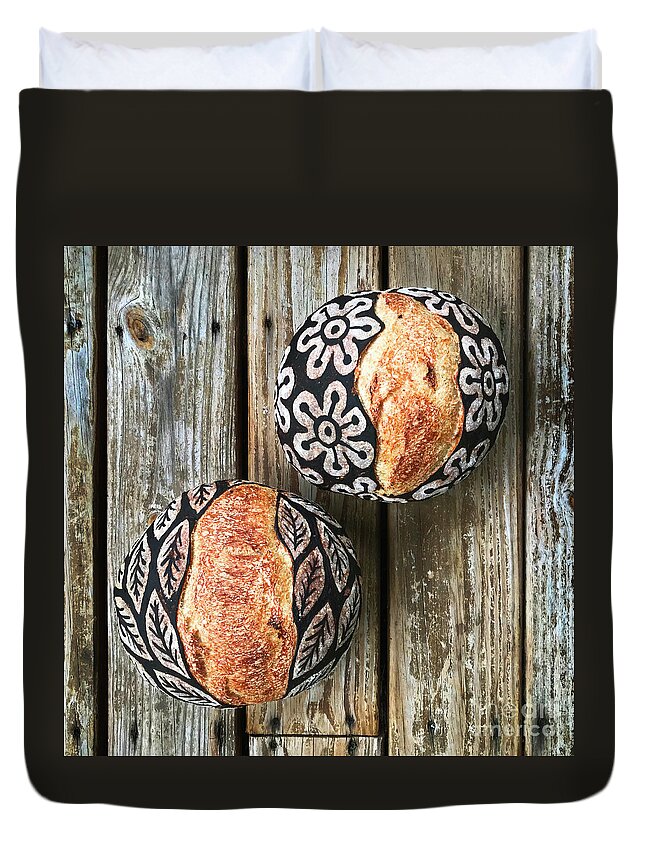 Bread Duvet Cover featuring the photograph Hand Painted Sourdough Botanical Pattern Boule 5 by Amy E Fraser