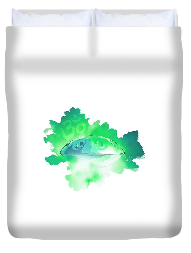 Handpan Duvet Cover featuring the digital art Handpan Om in green by Alexa Szlavics