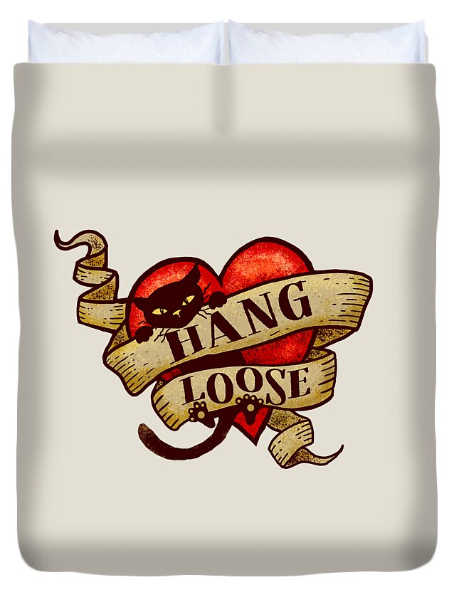 Hang Loose Duvet Cover featuring the digital art Hang Loose - Cat Heart Tattoo by Laura Ostrowski