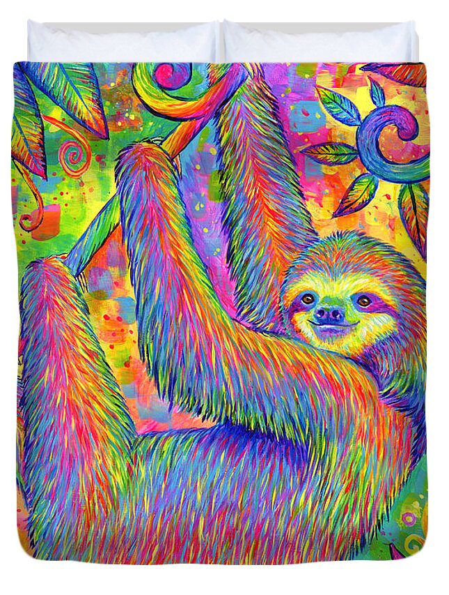 Sloth Duvet Cover featuring the painting Hanging Around - Psychedelic Sloth by Rebecca Wang
