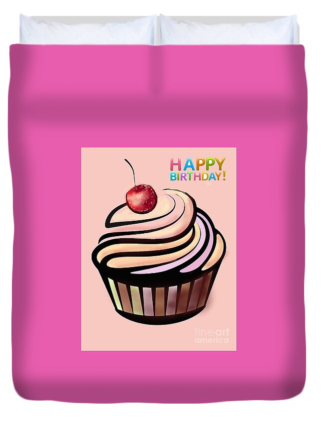 Happy Birthday Duvet Cover featuring the painting Happy Birthday - cherry cake by Vesna Antic